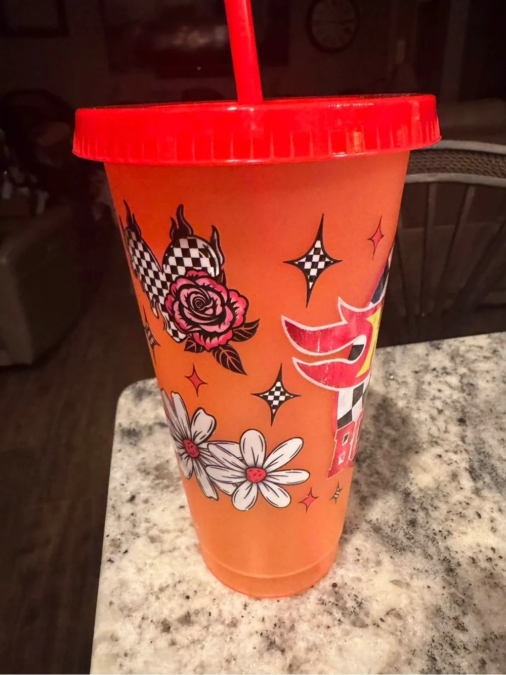 Color changing Hand Crafted Orange & Red 'Hot Mess' Tumbler with Straw